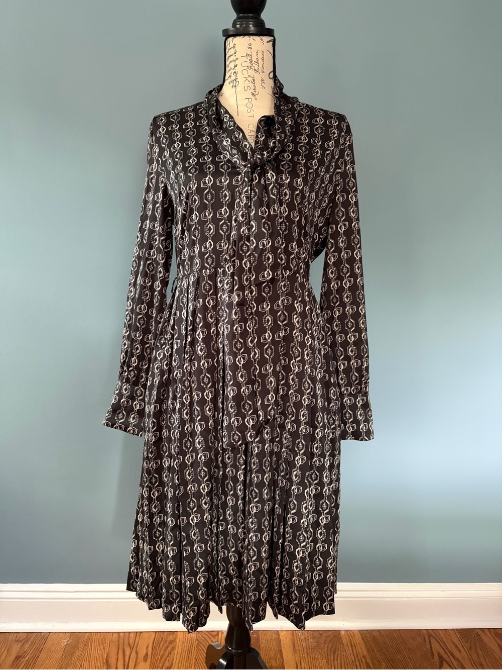 Black Printed Long Sleeve Tie-Neck Dress